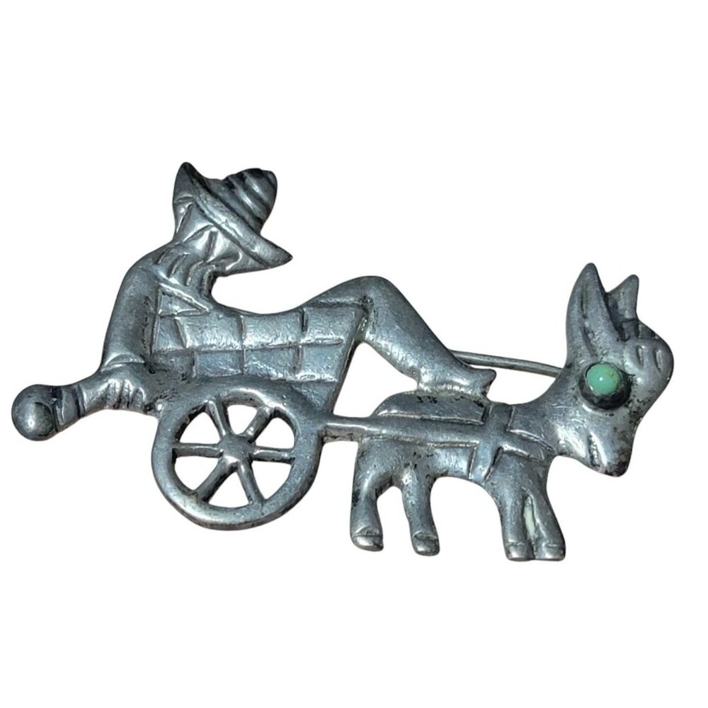 Abelardo Murrieta 865 En Mexico Donkey Cart Brooch Turquoise Eye Antique 1920s